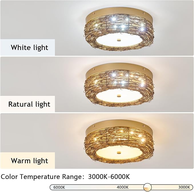 11 inch Rattan Light Fixture Boho Flush Mount Ceiling Light Hand Woven LED Ceiling Lamp for Hallway Bedroom Kitchen Entryway Living Room Nursery