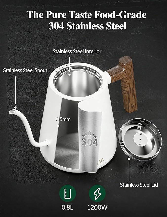KLEAH Gooseneck Electric Kettle with Temperature Control - 0.8L Automatic Shut Off Tea & Coffee Kettle, Hot Water Boiler Pour Over Coffee Kettle, 1200W Quick Heating Keep Warm, Bone White