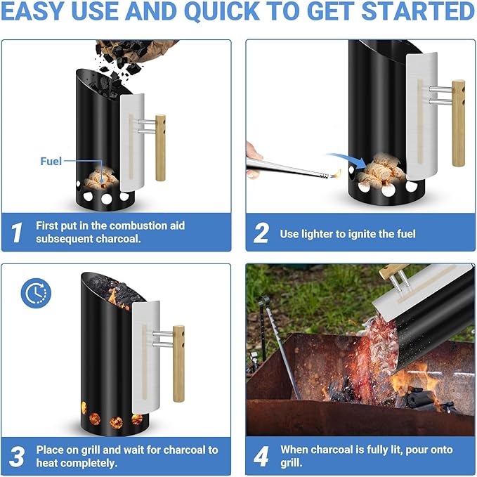 Charcoal Chimney Starter Double Enameled Chimney Starter Charcoal Chimney with Heat Shield & Wood Handle Great Heat Insulation Coal Starter for Grill Easy Grip Charcoal Starter, Black