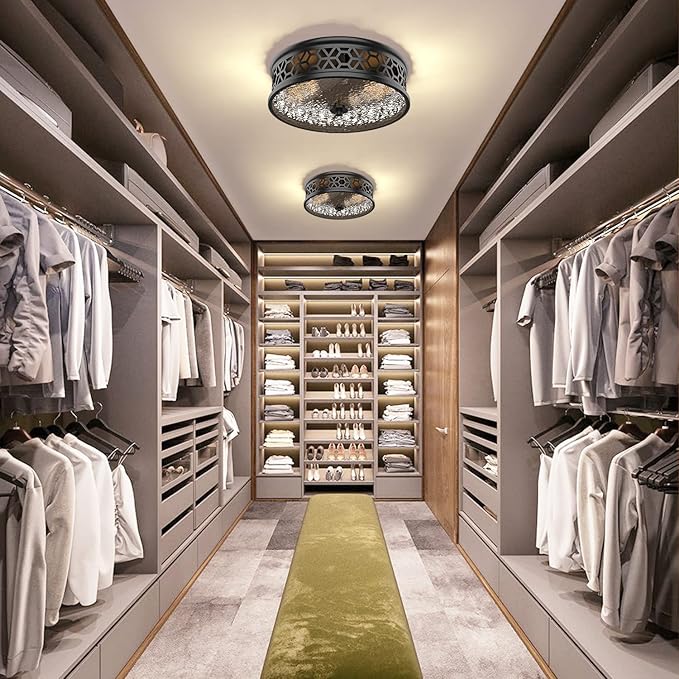 EAPUDUN Flush Mount Ceiling Light, 12 Inch 2 Light Vintage Ceiling Light with Rippled Glass, Black Ceiling Fixture for Hallway Corridor Kitchen Bathroom Bedroom Passway FMA1538-MBK