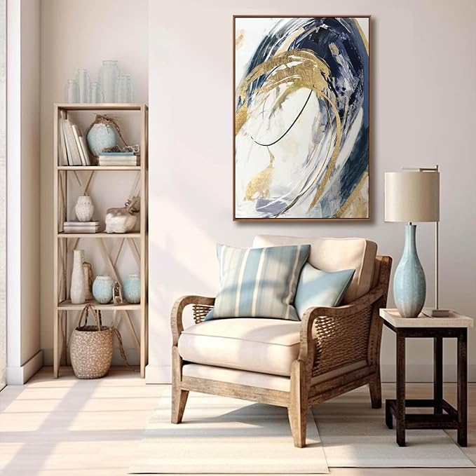 SDYA Gold Wall Decor Living Room Abstract Wall Art Blue Paintings Bedroom Aesthetic Frame Wall Decorations Large Artwork for Home Office 24x36 Inch