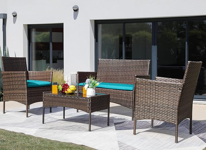 Greesum Patio Furniture 4 Pieces Conversation Sets Outdoor Wicker Rattan Chairs Garden Backyard Balcony Porch Poolside loveseat with Soft Cushion and Glass Table, Brown and Blue