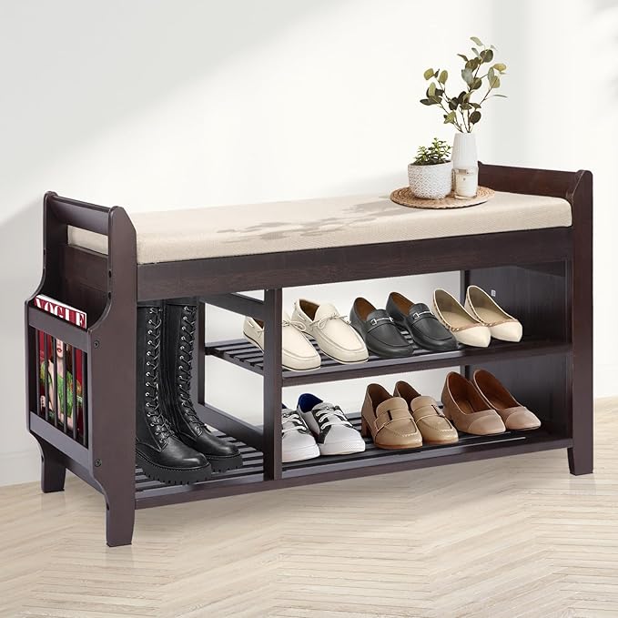 Bamboo Shoe Storage Bench, 3-Tier Shoe Rack with Padded Seat Cushion, Shoe Organizer Shelves for Entryway, Living Room, Bedroom, Hallway, White 39”