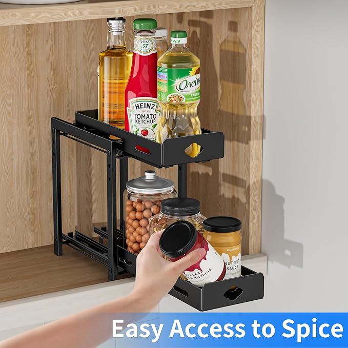 Pull Out Spice Rack Organizer, 2-Tier Vertical Spice Rack, Height Adjustable for Kitchen Cabinet (5.3''Wx10.8''Dx9.2''H, Metal Black)