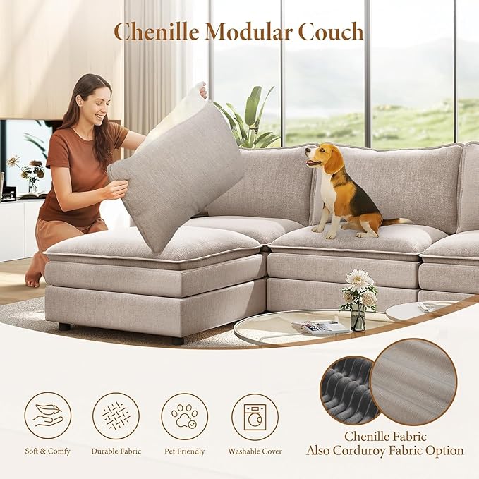 Vesgantti Large Modular Sectional Sofa, Big Comfy Cloud Couch with Ottoman, Chenille Deep Seat Cloud Sofa, 9 Seater Large Sectional Couches for Living Room, Bedroom, Apartment, Light Brown