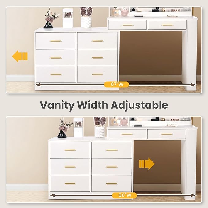 Pamapic 8 Drawers Vanity Desk with Mirror and Lights,Makeup Vanity with Power Outlet, 15 Storage Dresser with Mirror, Adjustable Width, Golden Handles Dressing Table, White