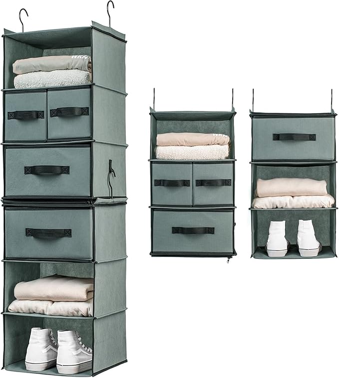 SMIRLY 6 Shelf Hanging Closet Organizer Hanging Shelves, Closet Hanging Organizer with 2 Sturdy Hooks for Wardrobe, Nursery, Storage (Grey, Separate)
