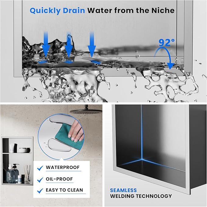 POPFLY 12"x18" 2-Tier Shower Niche Organizer, Stainless Steel Recessed Wall Shelf Inserts - No Tile Needed Double Shelves Bathroom Storage No Drill, Brushed Nickel