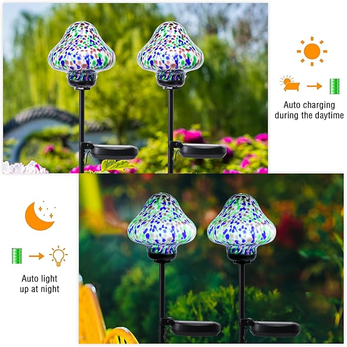 Bshine Mushroom Solar Outdoor Lights, Mosaic Mushroom Solar Lights Hand-Blown Glass Waterproof Metal Stakes Decorate Garden, Outdoor Yard Decor Backyard, Pathway, Porch and Lawn Ornaments 2 Pack