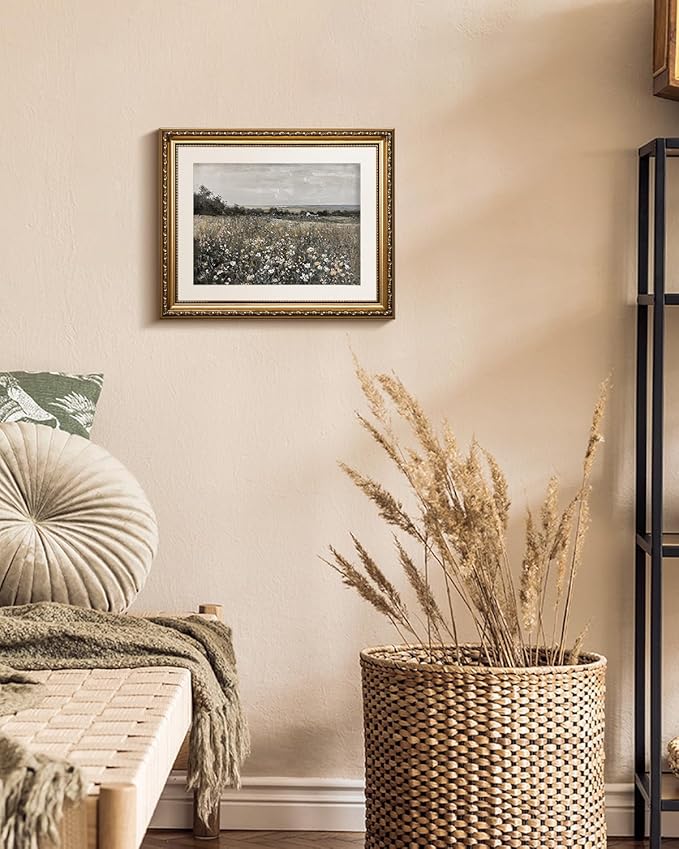 VIYYIEA Gold Framed Wall Art Canvas Print Home Decor Landscape Room Decor Art Meadow with Flowers Vintage Wall Art Decor Modern Farmhouse Decor Cottagecore Prints Bedroom Bathroom Office 13x16in