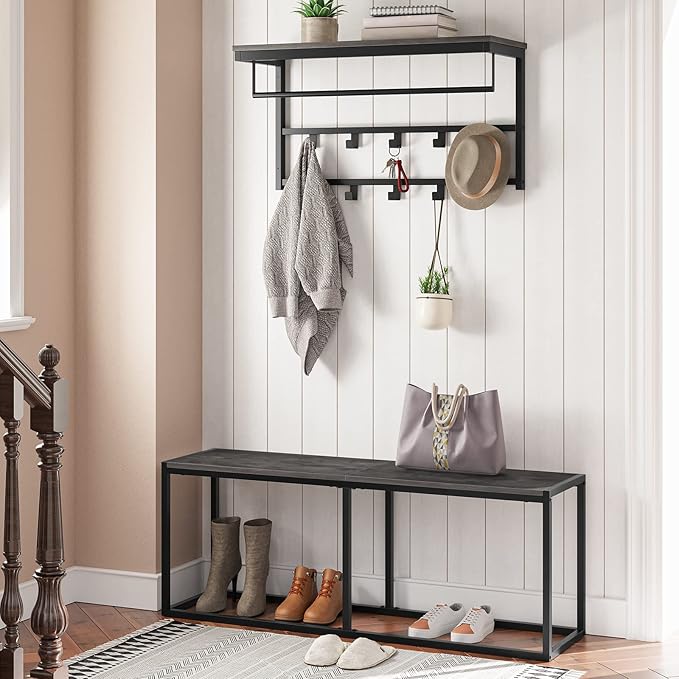 HOOBRO Dining Bench, 47.2 Inch Industrial Style Kitchen Table Bench, Steel Frame, Easy to Assemble, for Kitchen, Dining Room, Charcoal Gray and Black BC12CD01