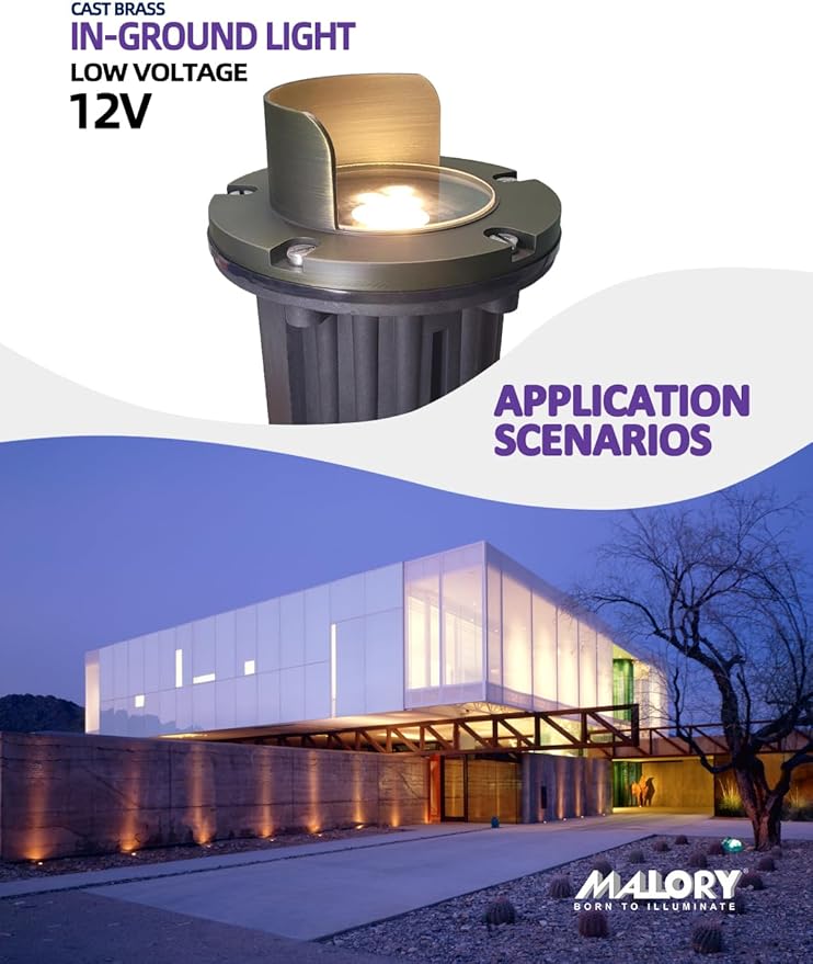 MALORY Brass Top Cover Landscape Well Lights,(6''H) 12V Low Voltage Outdoor In Ground Lights,Anti-Glare Landscape Lighting with 5W 450ML MR16 for Pathway, Driveway (Shield Top, 4-Pack with Bulb)