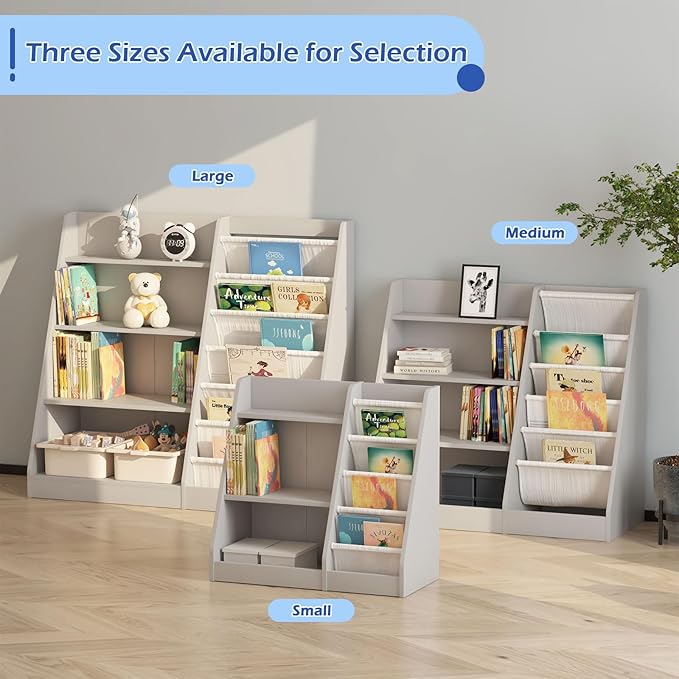 Gray Kids Bookshelf for Nursery Toddler Baby Sling Book Rack Adjustable Shelf Children Bookcase for Classroom Playroom Bedroom Décor Toy Magazine Book Storage Organizer 4 Tier Boy Girl’s Gift