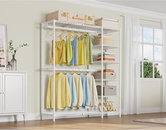 VIPEK X2 Expandable Reach-in Closet Racks Adjustable from 3'3" to 4'8" Portable Open Walk-in Closet Rack System with Flexible Shelves and Hanger Rods Clothing Rack for Hanging Clothes, White
