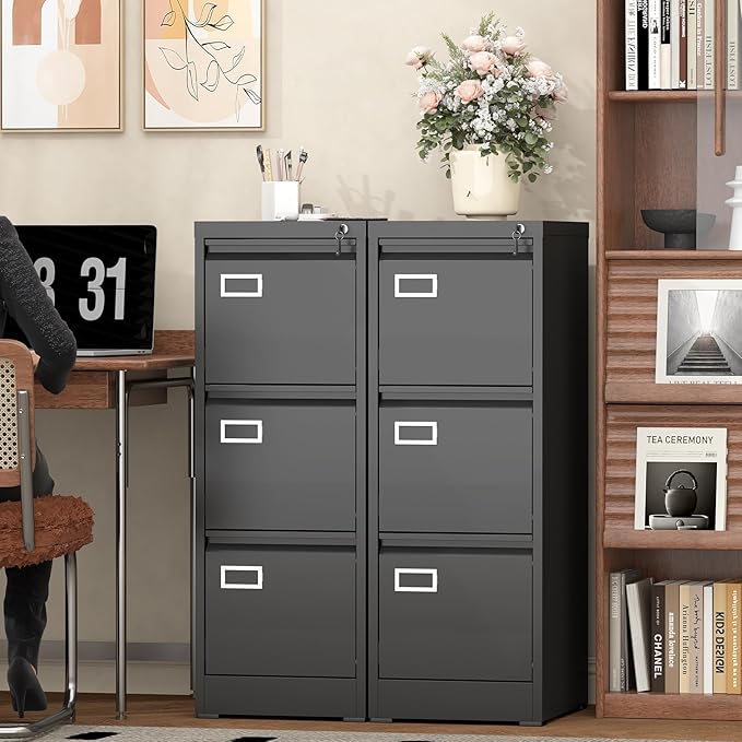 LUCYPAL 3 Drawer File Cabinet,Metal Filing Cabinet with Lock for Letter/Legal/A4 Files,Vertical Locking File Cabinets for Home Office,Assembly Required(Black)