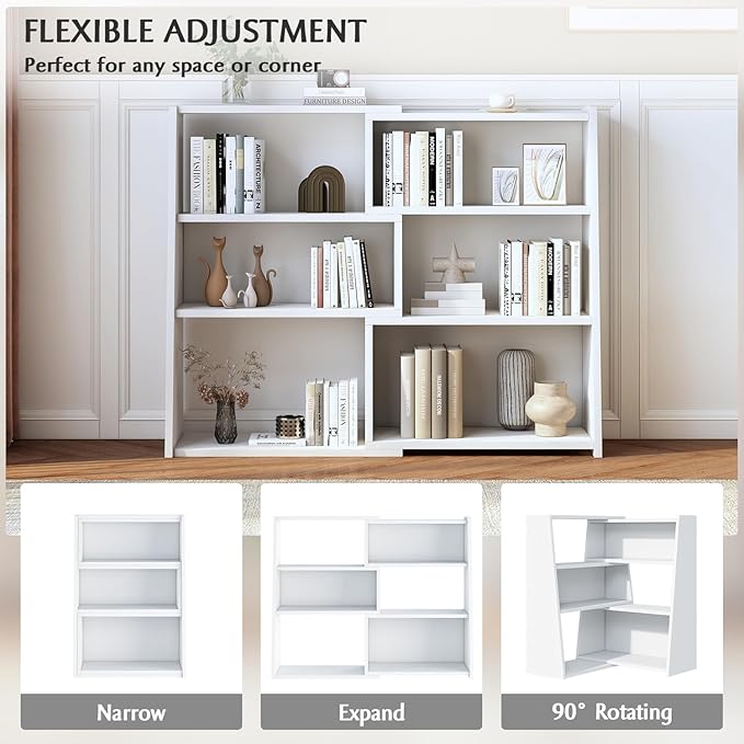 IOTXY Wooden Extendable Shelf Bookcase - 3-Tier Ladder Low Short Bookshelf for Small Space or Corner, White, S