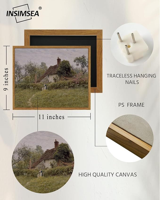 InSimSea Framed Canvas Wall Art Vintage Decor, Landscape Wall Art Prints, Old Cottages Countryside Landscape Wall Art, Rustic Farmhouse Wall Decor for Bedroom Living Room, Retro Room Decor, 9"x11"