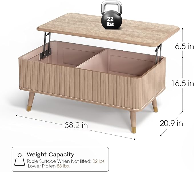 Lift Top Coffee Table with Storage,Mid Century Modern Coffee Table,Fluted Wood Rectangle Center Table for Living Room,Home Office,Natural Oak