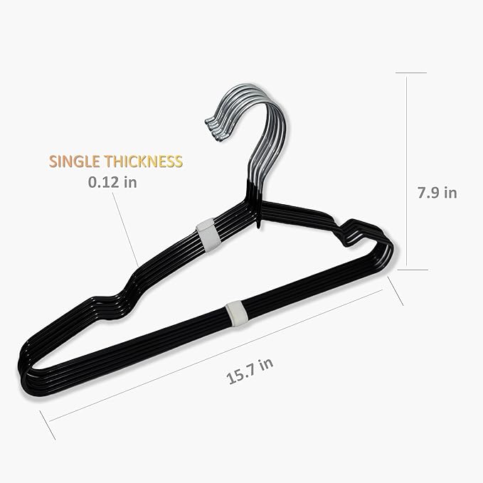 ‌Stainless Steel Heavy Duty Hangers - Non-Slip Rubber Coated, Space Saving Ultra Thin Design for Coats, Pants & Dresses (50 Pack, Black)