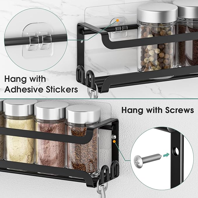 LUCYCAZ 2 Pack Wall Mounted Spice Rack with 16 Hooks, Spice Organizer Shelf for Stove Cabinet Pantry Door,Screw or Adhesive Spice Shelf Hanging Wall Spice Rack in Kitchen and RV (Black, 2 PACK)