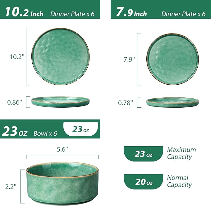 LIANYU Dinnerware Sets for 6, 18 Piece Plates and Bowls Dish Set, Ceramic Dinner Ware Dishware for Kitchen Dining, Microwave & Dishwasher Safe, Emerald Green