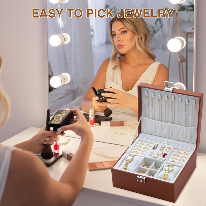 Jewelry Organizer Box for Women,Large Genuine Leather Jewelry Organizers and Storage with Earring Holder Organizer Removable Velvet Jewelry Tray,Christmas Gifts for Mom,Orange