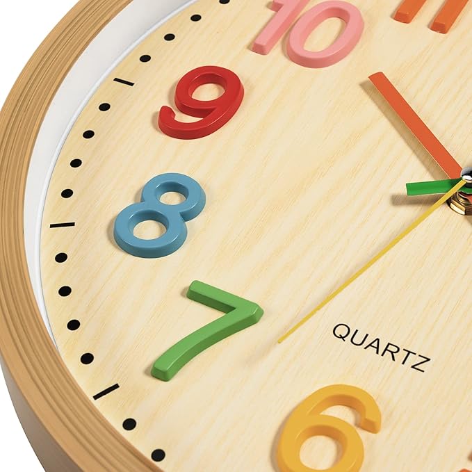 Foxtop Silent Kids Wall Clock Non-Ticking Battery Operated Colorful Childrens Clock for Classroom Playroom Nursery Bedrooms Kids Room (3D Numbers, 12 inch)