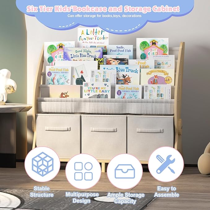 Kids Bookshelf 4 Tier Toddler Book Rack Baby Bookcase with 3 Toy Storage Organizer Cube Bins Fabric Sling Children Bookshelf for Boys Girls Kids Room Nursery Palyroom Book Display Shelf Wood