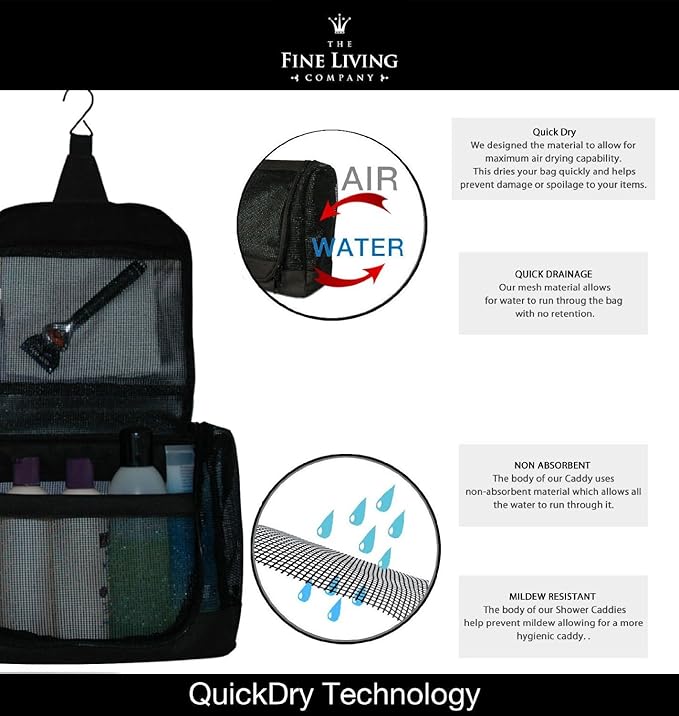 The Fine Living Portable Latex Mesh Shower Caddy Tote Bag, Gym Shower Caddy Hanging Organizer with Metal Hook, Dorm Room Essentials, Travel Toiletries, Camping RV Essentials, Black 12”x3”x8”
