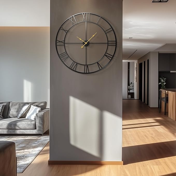 Large Wall Clock for Living Room Mantel Decor, 36 Inch Wall Clock Battery Operated, Metal Round Roman Numeral Big Black Clock for Bedroom, Home, Kitchen, Office, Wall Decor