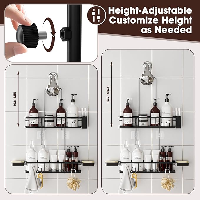 Shower Caddy Hanging, Rustproof Shower Shelves - No Drilling Inside Bath, Extended Length Shower Organizer with Soap Holder; Toothbrush Holder, Black