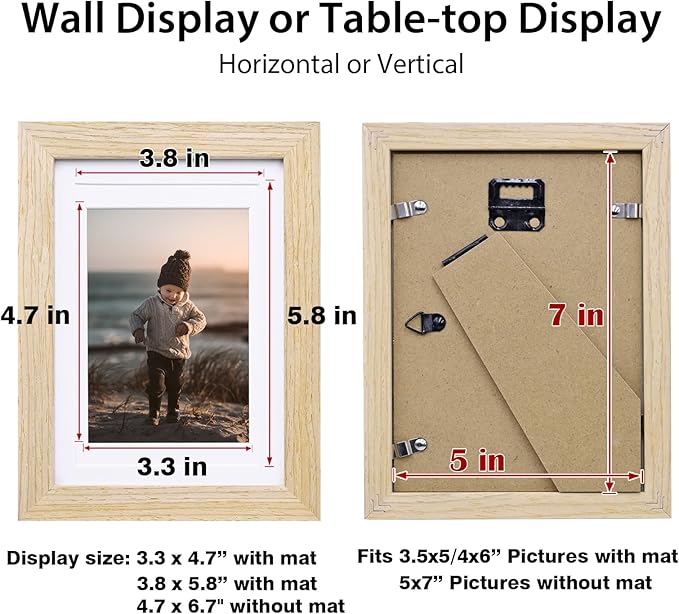 KINLINK 5x7 Picture Frame Natural, Solid Wood Frames with Acrylic Plexiglass for Pictures 3.5x5/4x6 with Mat or 5x7 without Mat, Tabletop and Wall Display Photo Frame, Set of 4