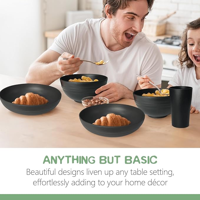 Teivio 88-Piece Kitchen Plastic Wheat Straw Dinnerware Set, Service for 8, Dinner Plates, Plates and Bowls Sets,Pasta Bowls,Cups, Flatware, Dishwasher Safe, Unbreakable Outdoor Camping Dishes, Black