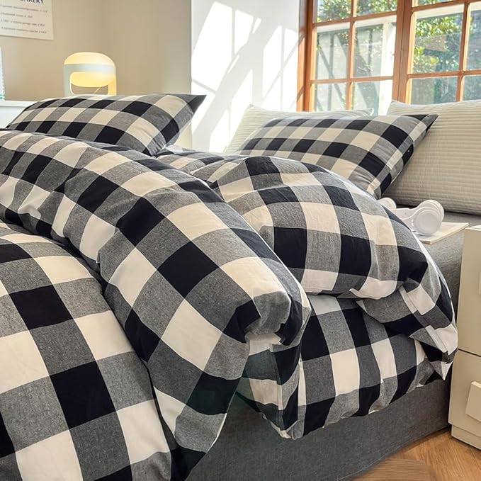 FACE TWO FACE Bedding Duvet Cover Set100% Washed Cotton Duvet Cover Linen Like Textured Breathable Durable Soft Comfy (California King, Black and White Grid)