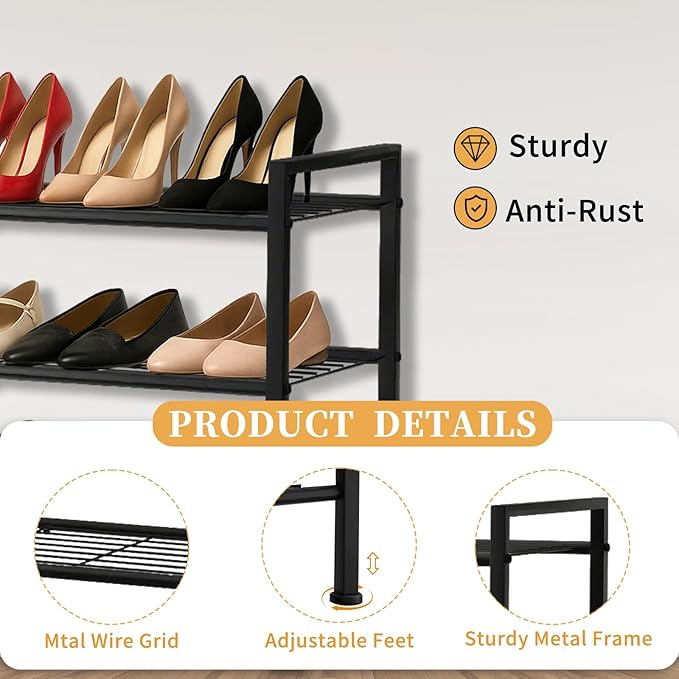 Simple 3 Tier Shoe Rack,Metal Stackable Shoe Storage Organizer for Closet,Entryway, Bedroom, Black (Black, 3-Tier)