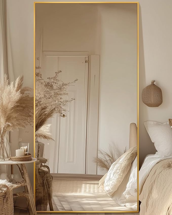 Antok Full Length Mirror, 78"x38" Floor Mirror with Stand, Hanging Mounted Mirrors for Bedroom, Living Room, Cloakroom, Dining Room, Gold, Rect