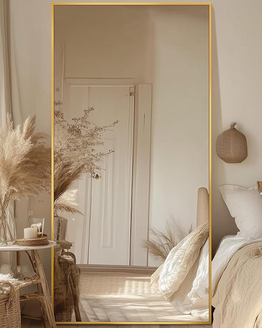 Antok Full Length Mirror, 78"x38" Floor Mirror with Stand, Hanging Mounted Mirrors for Bedroom, Living Room, Cloakroom, Dining Room, Gold, Rect