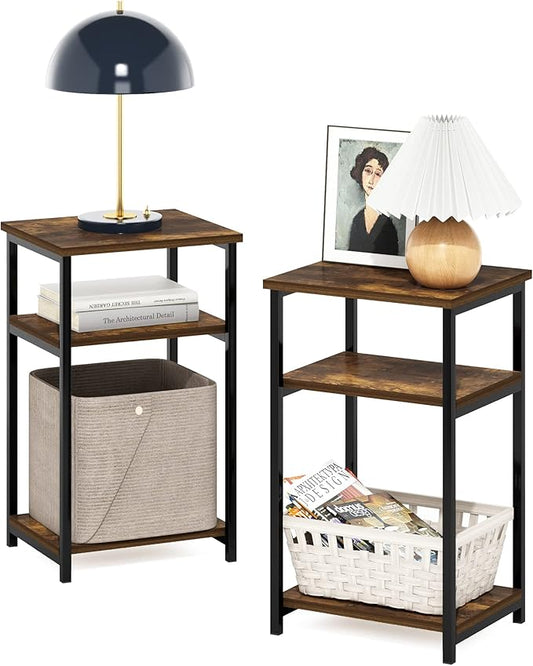 Furinno Just 3-Tier Metal Frame End Table with Storage Shelves, 2-Pack, Amber Pine