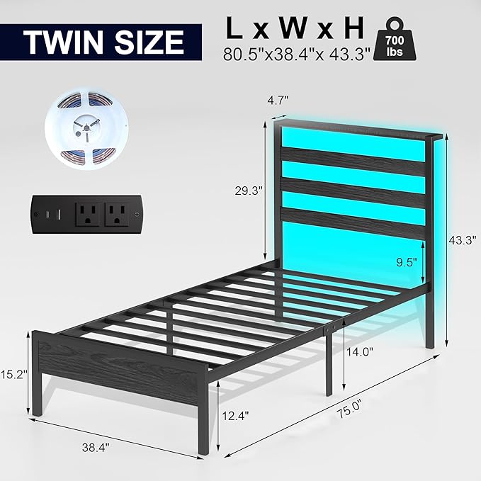 Twin Bed Frame with LED Lights & Charging Station, Storage Headboard, Heavy Duty Metal Slats, No Box Spring Needed, Noise-Free, Easy Assembly, Black
