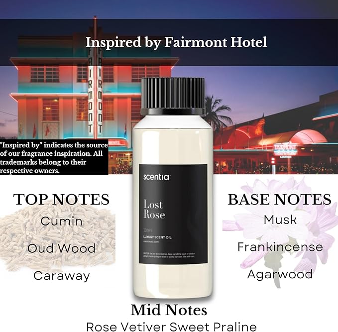 Hotel Diffuser Oil Inspired by Fairmont Hotel - 50 mL 1.69 fl oz -Essential Oil Blend Rose, Oud Wood & Clove Notes for Aromatherapy Diffusers Date Night, Romance Night Gift - Lost Rose