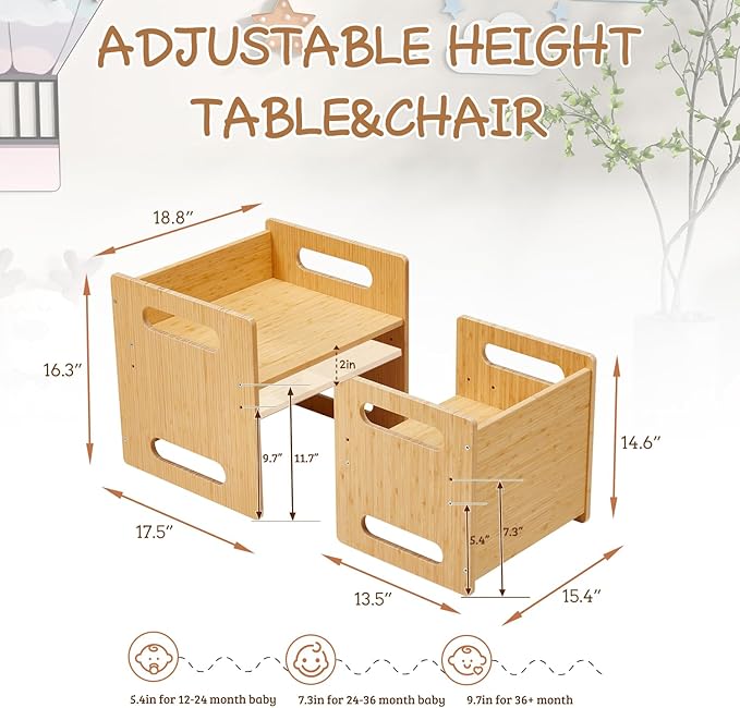 Montessori Table and Chair Set,Bamboo Wood Weaning Table and Chair Set,Adjustable Height Kids Montessori Furniture for Reading,Dining,Playing(Big Size)
