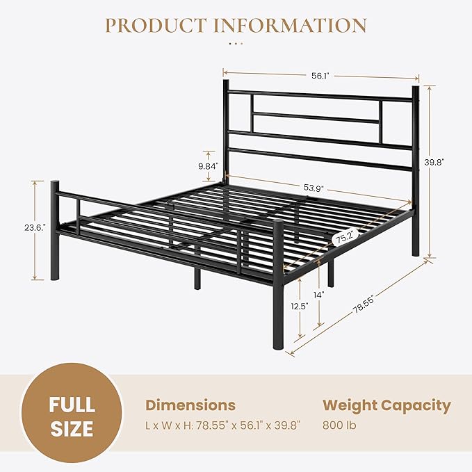 SHA CERLIN 14 Inch Full Size Metal Bed Frame with Iron-Art Headboard and Footboard,Under Bed Storage Space,Platform Bed with Metal Slats Support,Easy Assembly,Noise Free,No Box Spring Needed,Black