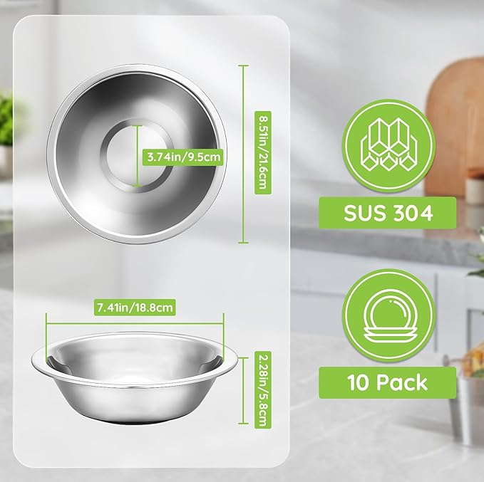 304(18/8) Stainless Steel Mixing Bowls for Kitchen, 10 Pack 8.7" 34.88 fl.oz Metal Mixing Bowls Set Stackable for Baking Serving Cooking Food Prep Storage Dishwasher Safe Lightweight
