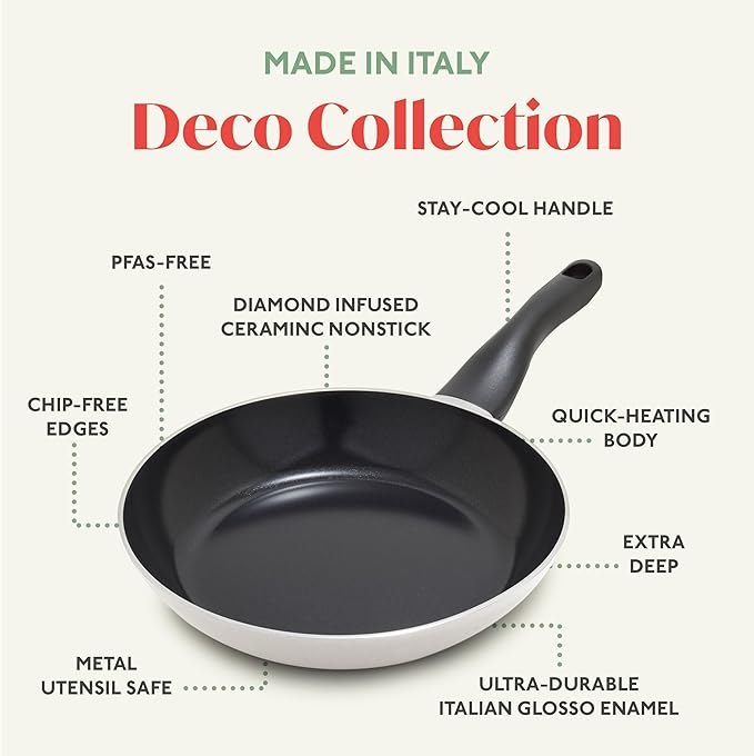 Deco 8” Nonstick Frying Pan Skillet, Made in Italy, Diamond Ceramic PFAS-Free, Dishwasher & Metal Utensil Safe, Durable Gloss Enamel Finish, Stay-Cool Handle, High Walls-Extra Room, Taupe