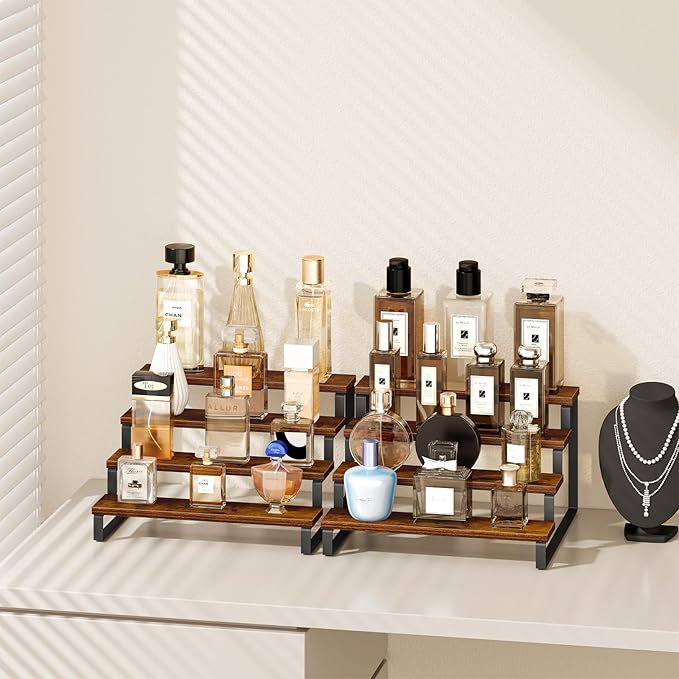 Giikin Set of 2 Wooden Display Stand Riser, 4 Tier Display Stand Perfume Organizer Stand Cupcake Stand Holder, Tiered Display Stand Risers Display Shelf for Home and Shop