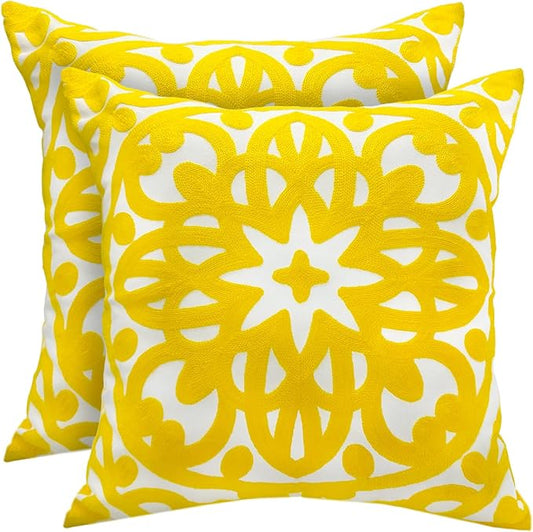 Alysheer Floral Embroidered Fall Decorative Throw Pillow Cover 18"x 18" Set of 2, Boho Mandala Embroidery Yellow Patterned Cushion Case for Sofa Couch Living Room Bedroom Outdoor