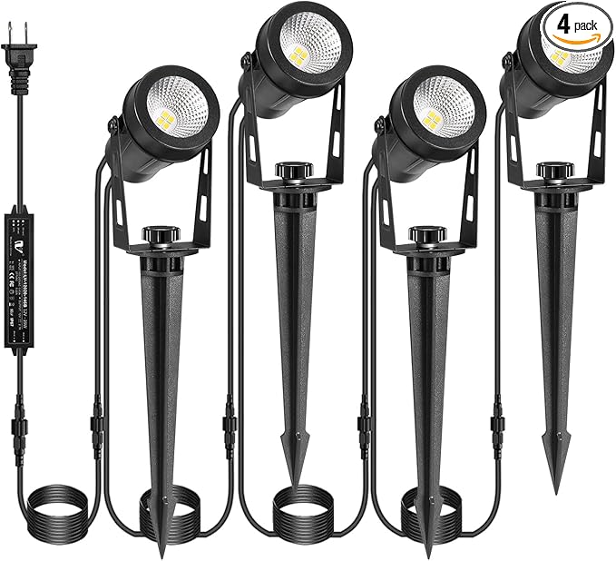 Outdoor Landscape Lighting, 4 Pack LED Outdoor Spot Lights with Transformers, 12V Warm White Low Voltage Landscape Lights IP65 Waterproof Plug in Spotlight for Yard House Pathway Tree Pools