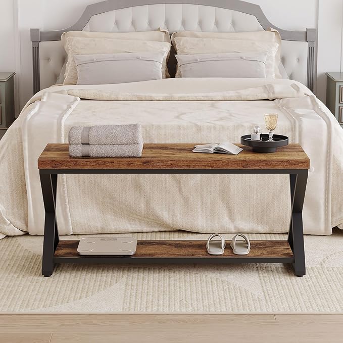 IBF Wooden Bench Indoor, Wood Entry Way Bench with Shoe Storage Rack for Entryway, Industrial Entryway Bench Seat for Foyer Bedroom Living Room Entrance Organization, Rustic Brown Oak, 39 Inch Long