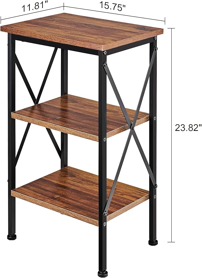 VECELO End Table, Bedside Table, 24" Tall Living Room End Tables, X-Design Reinforced Nightstands, Side Table with 3-Tier Storage Shelves for Small Spaces, Office, Bathroom, Bedroom, Rustic Brown