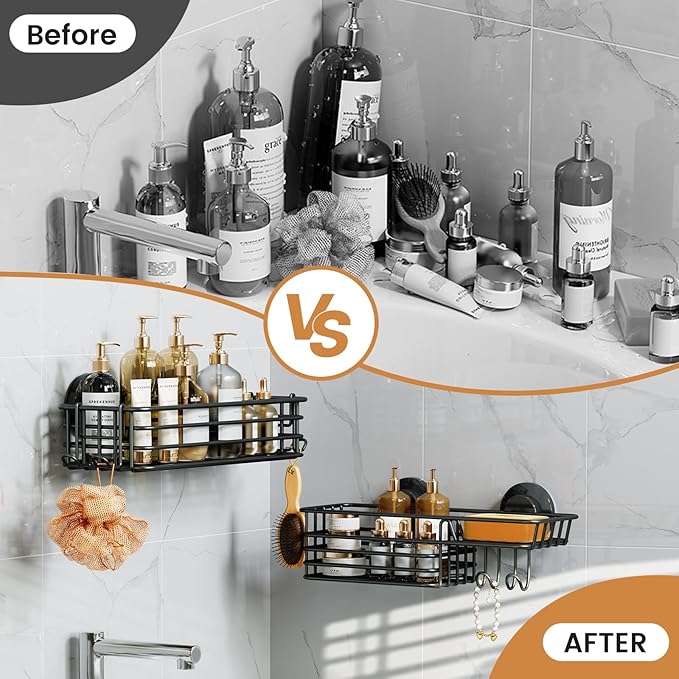 LEVERLOC Shower Caddy Suction Cup, 2 Pack suction shower shelf with Hooks & Soap holder, NO-Drilling Bathroom Holder, Rustproof bathroom organizer, Black